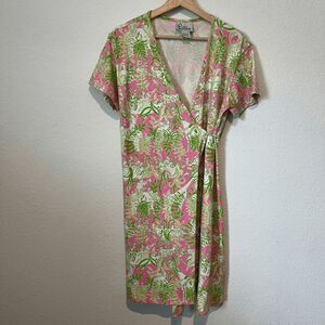 Lilly Pulitzer Vintage Pink Green Safari Floral Wrap Dress Women's Size Large